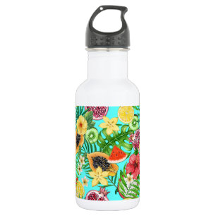Tropische Mischfrüchte, Blume und Blätter auf blau Edelstahlflasche