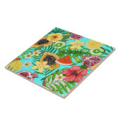 Tropische Mischfrüchte, Blume und Blätter auf blau Fliese (Seite)