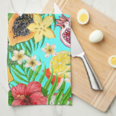 Tropische Mischfrüchte, Blume und Blätter auf blau Geschirrtuch (Viertel Falte)