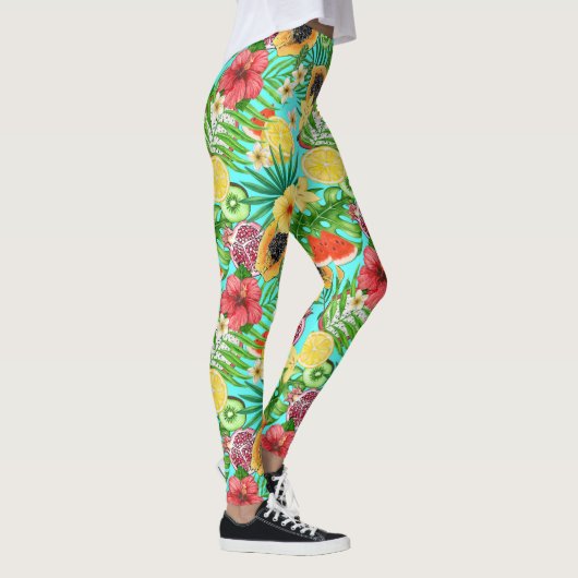 Tropische Mischfrüchte, Blume und Blätter auf blau Leggings (Rechts)
