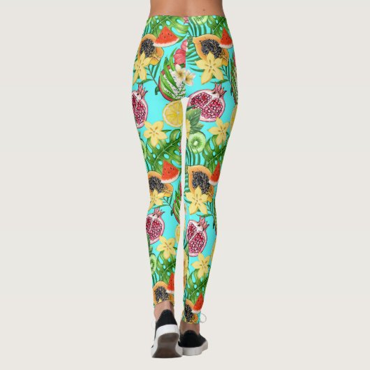 Tropische Mischfrüchte, Blume und Blätter auf blau Leggings (Rückseite)