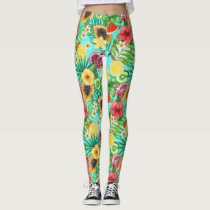 Tropische Mischfrüchte, Blume und Blätter auf blau Leggings