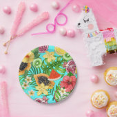 Tropische Mischfrüchte, Blume und Blätter auf blau Pappteller (Party)