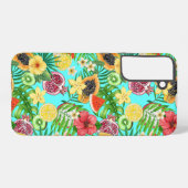 Tropische Mischfrüchte, Blume und Blätter auf blau Samsung Galaxy Hülle (Rückseite (Horizontal))