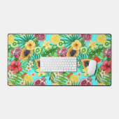 Tropische Mischfrüchte, Blume und Blätter auf blau Schreibtischunterlage (Tastatur & Maus)