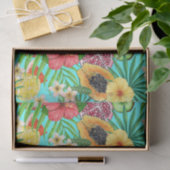 Tropische Mischfrüchte, Blume und Blätter auf blau Seidenpapier (Geschenk)