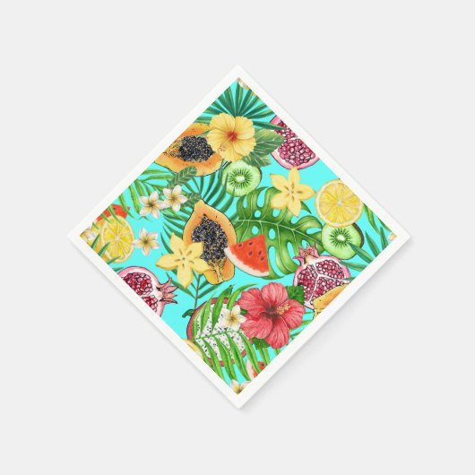 Tropische Mischfrüchte, Blume und Blätter auf blau Serviette (Ecke)