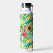 Tropische Mischfrüchte, Blume und Blätter auf blau Trinkflasche (Rückseite)
