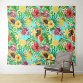 Tropische Mischfrüchte, Blume und Blätter auf blau Wandteppich (Beispiel (Horizontal))