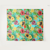 Tropische Mischfrüchte, Blume und Blätter auf blau Wandteppich (Vorderseite (Horizontal))