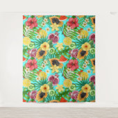 Tropische Mischfrüchte, Blume und Blätter auf blau Wandteppich (Vorderseite)