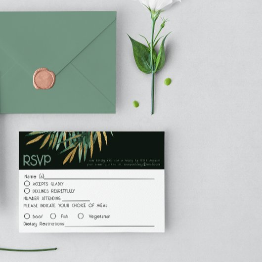 Tropische moderne Palm-Dusty Green Wedding RSVP Ca