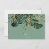 Tropische moderne Palm-Dusty Green Wedding RSVP Ca (Rückseite)
