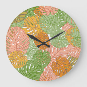 Tropische Monstera-Blätter, farbenfrohe, nahtlose  Große Wanduhr