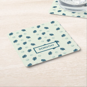 Tropische Monstera-Blätter Monogramm auf blau Rechteckiger Pappuntersetzer