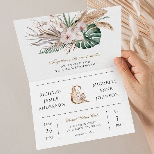 Tropische Monstera Boho Pampas QR Code Hochzeit Einladung
