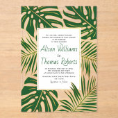 Tropische Monstera, Palmen Blätter Goldhochzeit Acryleinladungen (Vorderseite)