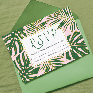 Tropische Monstera, Palmen Blätter Rosa Hochzeit R RSVP Karte
