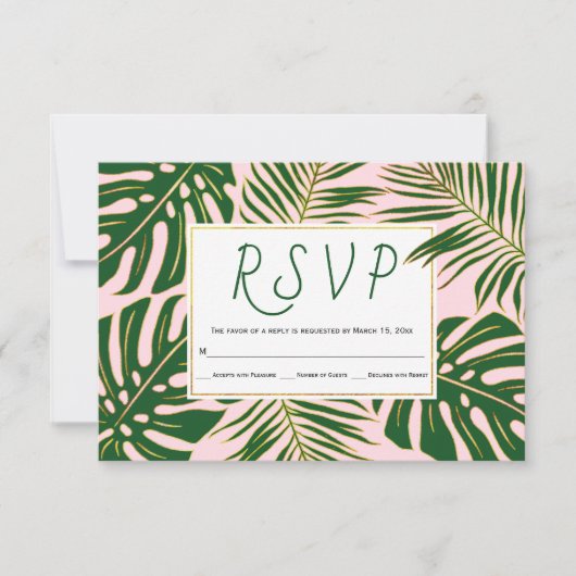 Tropische Monstera, Palmen Blätter Rosa Hochzeit R RSVP Karte (Vorderseite)