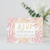Tropische Monstera, Palmen Blätter Rosa Hochzeit R RSVP Karte (Stehend Vorderseite)
