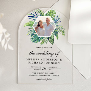 Tropische Monstera-Palmenblätter Foto-Hochzeit Acryleinladungen
