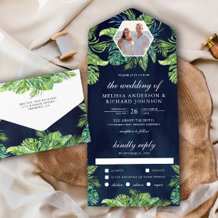 Tropische Monstera-Palmenblätter Foto Navy Hochzei All In One Einladung