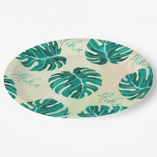 Tropische Monstera Smaragdgrüne Palmen Blätter Alo Pappteller (Schrägansicht)