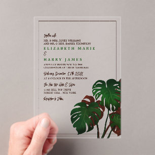 Tropische Monstera-Strandhochzeit Acryleinladungen