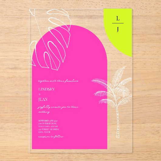 Tropische Neon Monogram Arches Wedding Acryleinladungen (Vorderseite)