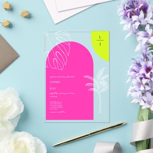 Tropische Neon Monogram Arches Wedding Acryleinladungen (In Situ (Hochzeit))