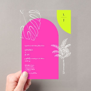 Tropische Neon-Monogramm-Bögen-Hochzeit Acryleinladungen