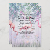 Tropische Niedliche Familie rosa Flamingos Wasserf Einladung (Vorne/Hinten)