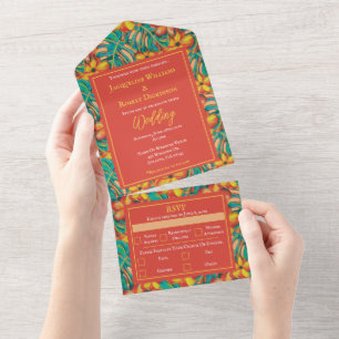 Tropische orange und gelbe florale Hochzeit All In One Einladung