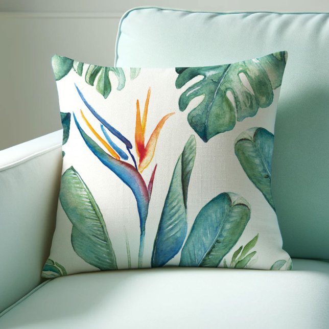 Tropische Orangefarbene Blume Botanicals und Grünp Kissen (Tropical throw pillows watercolor bird of paradise art by Victoria Grigaliunas of Do Tell A Belle)
