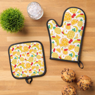 Tropische Orangen, Ananas, Bananen, Kirschen Ofenhandschuh & Topflappen-Set