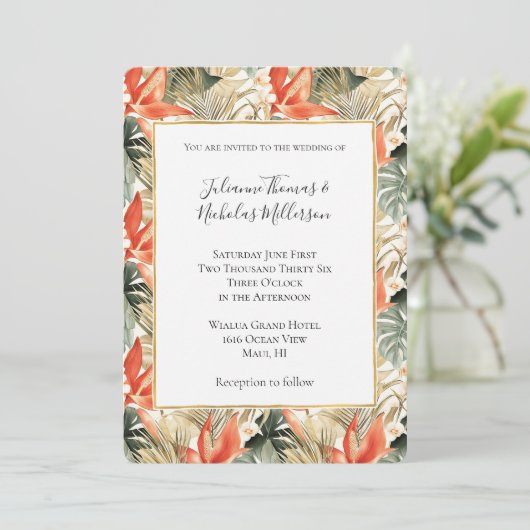 Tropische Orangen-Anthurium-Hochzeit Einladung (Stehend Vorderseite)