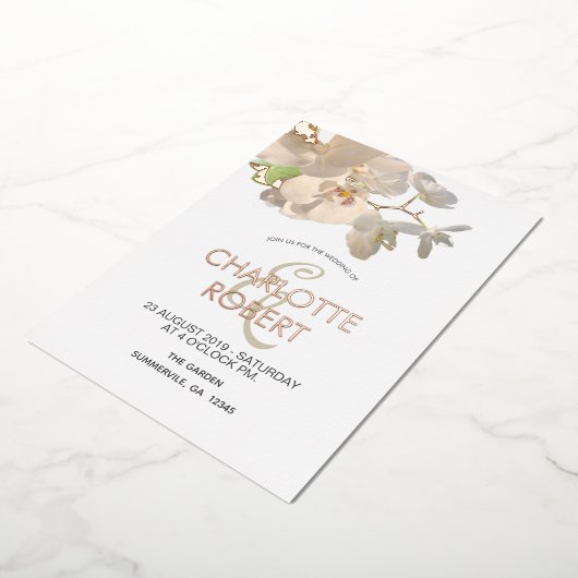 Tropische Orchideen Hochzeit Rose Gold Folieneinladung (Gedreht)