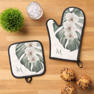 Tropische Orchideen mit Monogramm Ofenhandschuh & Topflappen-Set