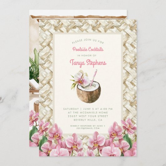 Tropische Orchideen mit Pina Colada | Pool-Party Einladung (Vorne/Hinten)