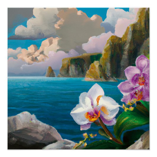 Tropische Orchideen, Ozean, Klippen und Wolken Poster (Vorderseite)