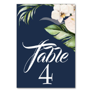 Tropische Orchideen und Palme auf Navyblau Tischnummer