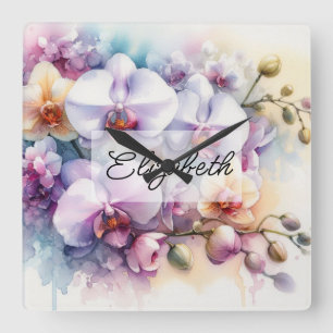 Tropische Orchideenblumen, florale Wasserfarbe und Quadratische Wanduhr