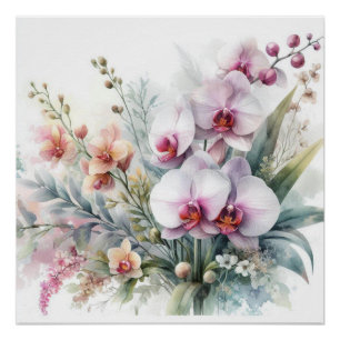 Tropische Orchideenblüten Pastell-Wasserfarbe Poster