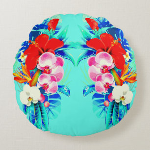 Tropische Orchideenpalme Monstera aquamarin blau Rundes Kissen