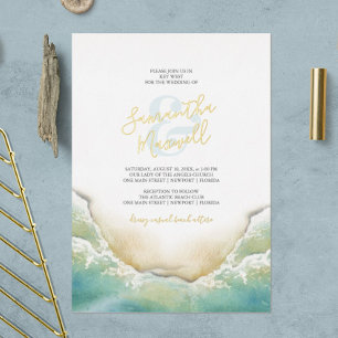 Tropische Ozeanblaue Aquarell-Ufer-Hochzeit Folieneinladung