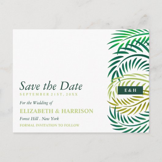 Tropische Palm-Blätter, Beach Wedding Save the Dat Postkarte (Vorderseite)