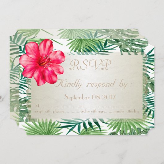 Tropische Palm-Blätter, Hibiskus Wedding RSVP-Kart Einladung (Vorne/Hinten)