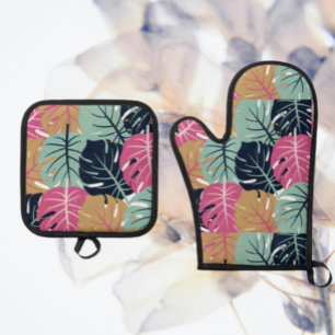 Tropische Palm-Blätter in Rosa und Blau Ofenhandschuh & Topflappen-Set