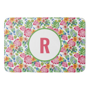 Tropische Palm-Blätter Monogramm rosa grün Badematte