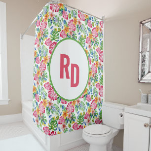 Tropische Palm-Blätter Monogramm rosa grün Duschvorhang